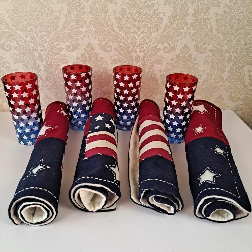 Patriotic American Flag Placemats and Highball Glasses, set of 4 of each, EUC